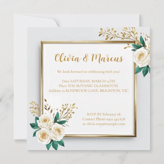 Elegant White Rose & Champagne Gold Wedding Card (Achterkant)