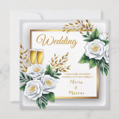 Elegant White Rose & Champagne Gold Wedding Card (Voorkant)