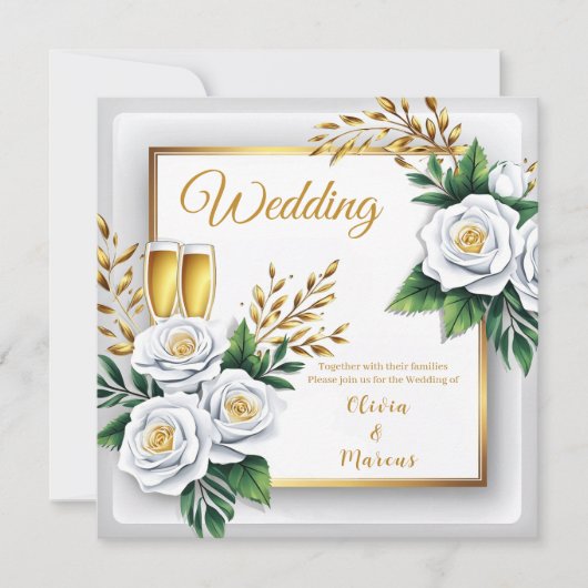 Elegant White Rose & Champagne Gold Wedding Card (Voorkant)