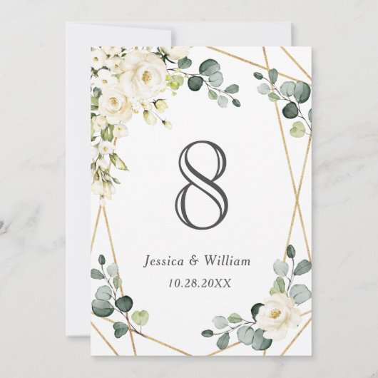 Elegant White Rose Eucalyptus Weddenschap Table Nu Kaart (Achterkant)
