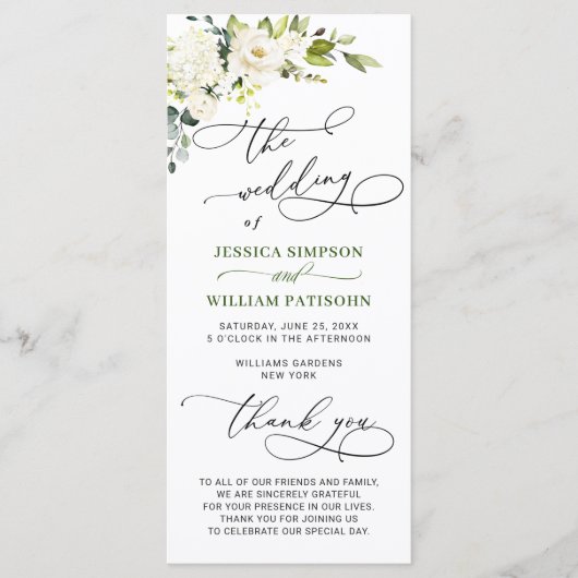 Elegant White Rose Eucalyptus Wedding Ceremony Pro Programmakaart (Voorkant)