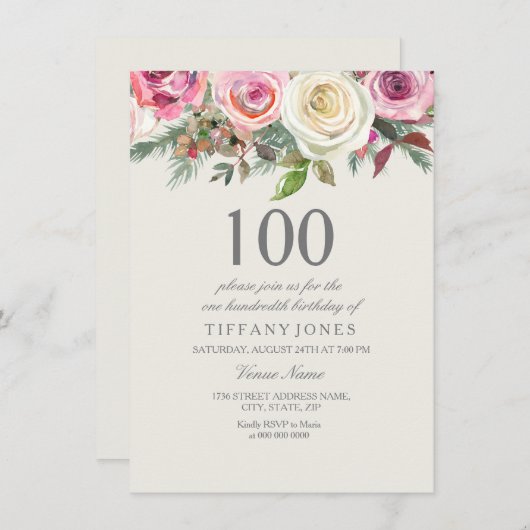Elegant White Rose Floral 100th Birthday Invite Kaart (Voorkant / Achterkant)