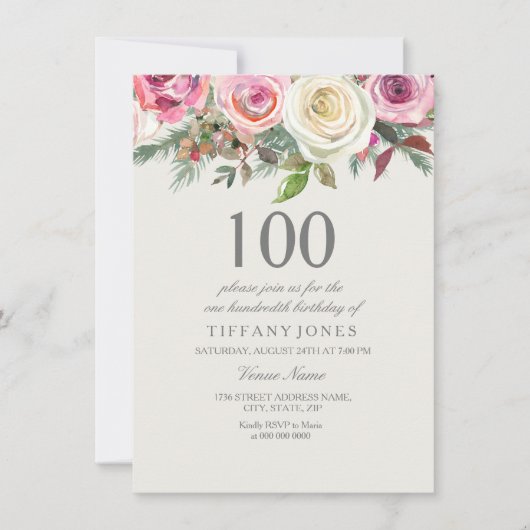 Elegant White Rose Floral 100th Birthday Invite Kaart (Voorkant)