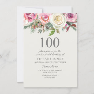 Elegant White Rose Floral 100th Birthday Invite Kaart