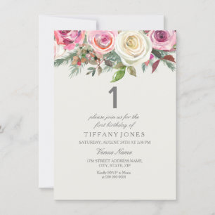Elegant White Rose Floral 1st Birthday Invite Kaart