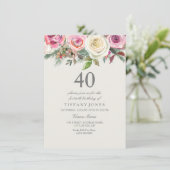 Elegant White Rose Floral 40th Birthday Invite Kaart (Staand voorkant)