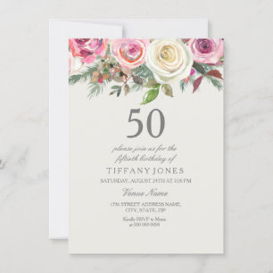 Elegant White Rose Floral 50th Birthday Invite Kaart