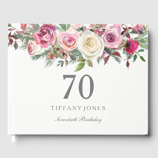 Elegant White Rose Floral 70th Birthday Guest Book Gastenboek (Voorkant)