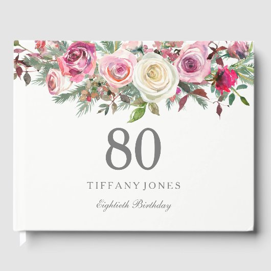 Elegant White Rose Floral 80th Birthday Guest Book Gastenboek (Voorkant)