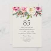 Elegant White Rose Floral 85th Birthday Invite Kaart (Voorkant / Achterkant)