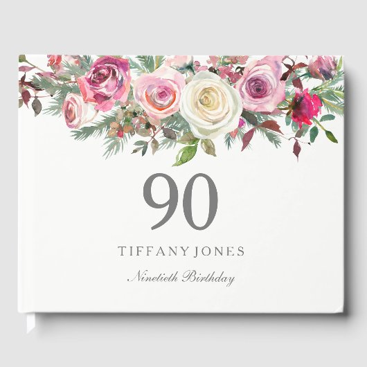 Elegant White Rose Floral 90th Birthday Guest Book Gastenboek (Voorkant)