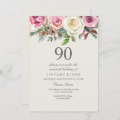 Elegant White Rose Floral 90th Birthday Invite Kaart (Voorkant / Achterkant)