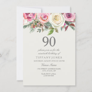 Elegant White Rose Floral 90th Birthday Invite Kaart