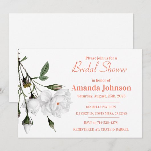 Elegant White Rose Floral Bridal Shower Kaart (Voorkant / Achterkant)