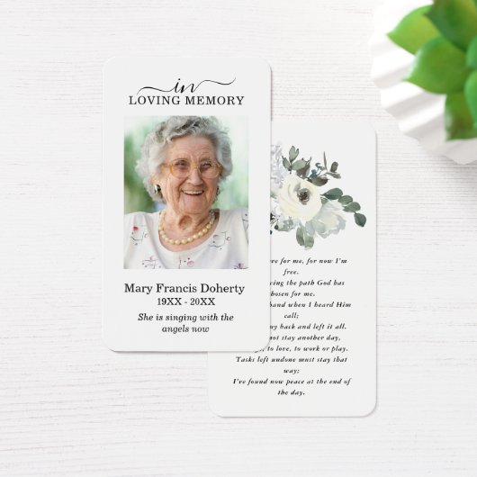 Elegant White Rose Floral Photo Prayer Card Visitekaartje (Bureau)