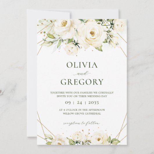 Elegant White Rose Floral Wedding Invitation Kaart (Voorkant)