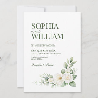 Elegant White Rose Floral Wedding Invitation with  Kaart