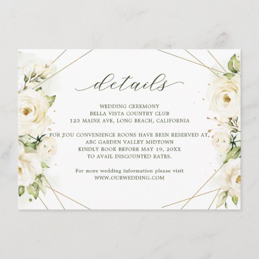 Elegant White Rose Florals Wedding Details Informatiekaartje (Voorkant)