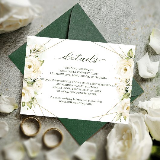 Elegant White Rose Florals Wedding Details Informatiekaartje