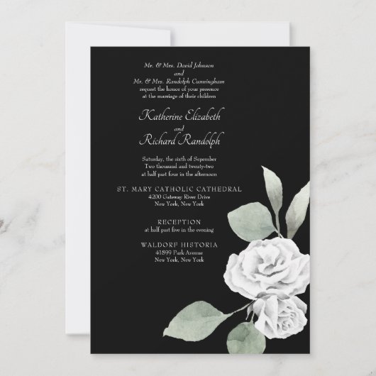 Elegant White Rose Foliage Black Wedding Kaart (Voorkant)
