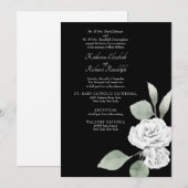 Elegant White Rose Foliage Black Wedding Kaart (Voorkant / Achterkant)