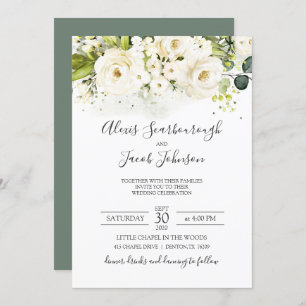 Elegant White Rose & Gold Cursive Wedding Kaart