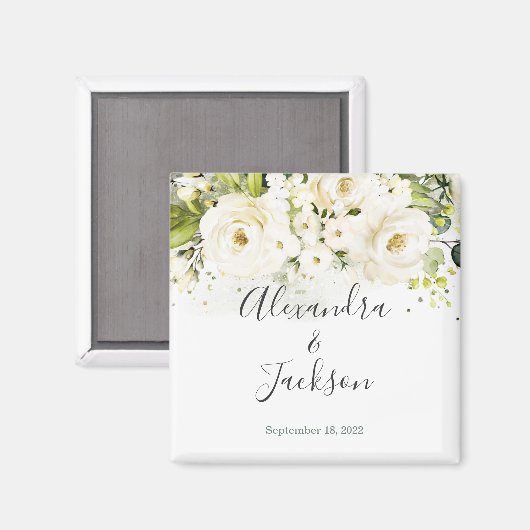 Elegant White Rose & Gold Cursive Wedding Magnet (Voorkant / Achterkant)