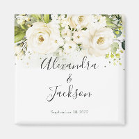 Elegant White Rose & Gold Cursive Wedding Magnet