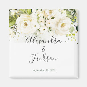 Elegant White Rose & Gold Cursive Wedding Magnet
