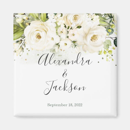Elegant White Rose & Gold Cursive Wedding Magnet (Voorkant)
