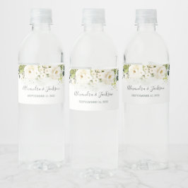 Elegant White Rose & Gold Cursive Wedding Waterfles Etiket