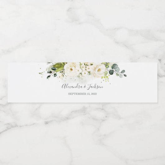 Elegant White Rose & Gold Cursive Wedding Waterfles Etiket (Enkel label)