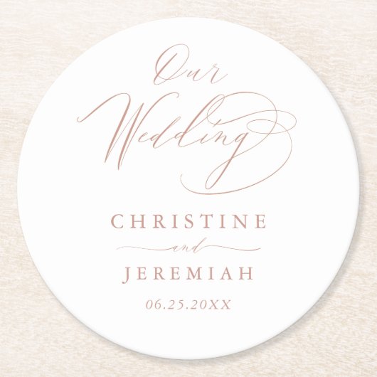 Elegant White Rose Gold Elegant Script Weddenschap Ronde Kartonnen Onderzetter (Voorkant)