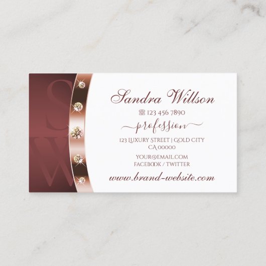 Elegant White Rose Gold en Bourgogne met Monogram Visitekaartje (Achterkant)