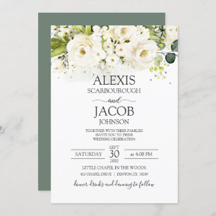Elegant White Rose & Gold Floral Wedding Kaart