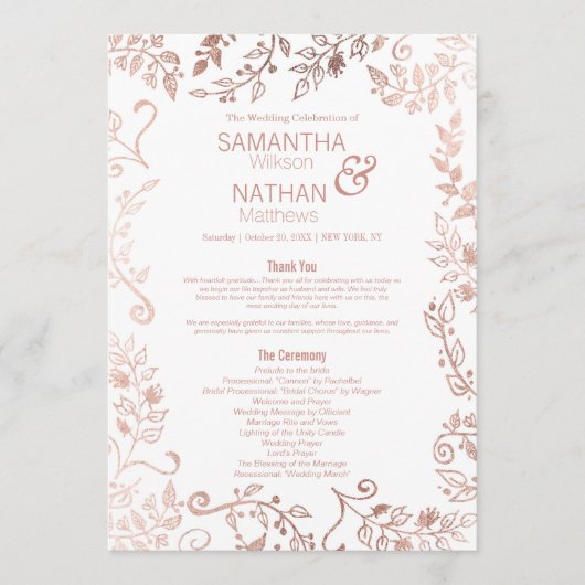 Elegant White Rose Gold Floral Wedding Programmakaart (Voorkant)