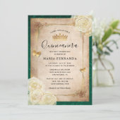 Elegant White Rose Gold Green Quinceanera Kaart (Staand voorkant)