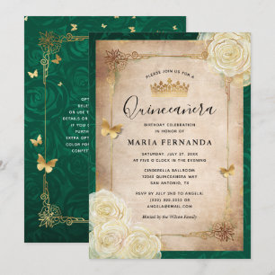Elegant White Rose Gold Green Quinceanera Kaart
