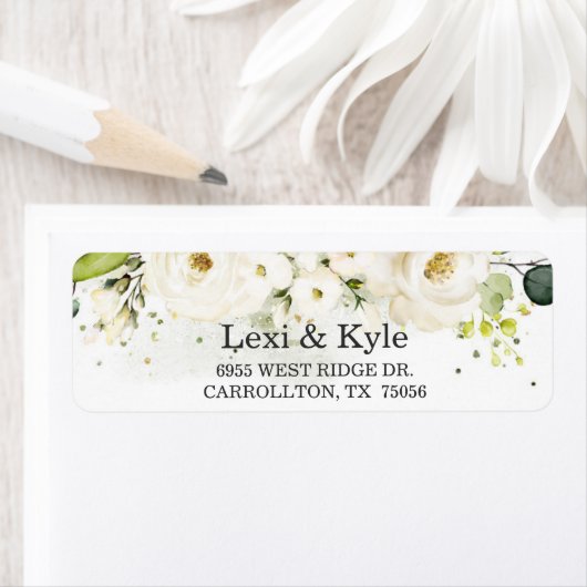 Elegant White Rose & Gold Modern Font Adres Etiket (Insitu)