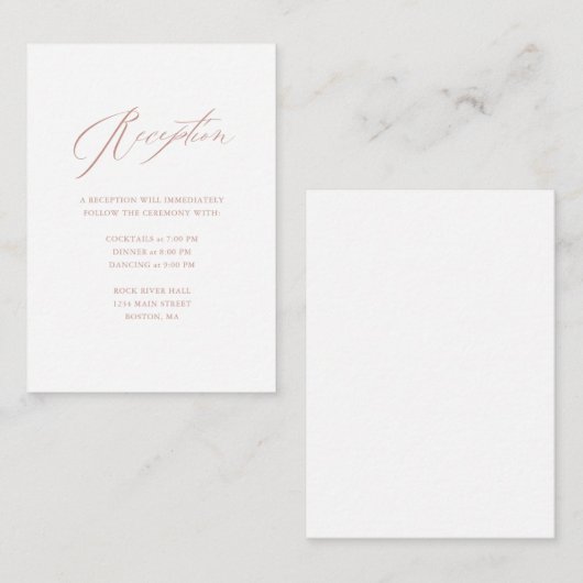 Elegant White Rose Gold Script Weduwen Reception Informatiekaartje (Voorkant / Achterkant)