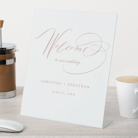 Elegant White Rose Gold Script Weduwen Welkom Reclamebord Met Voetstuk (Insitu)
