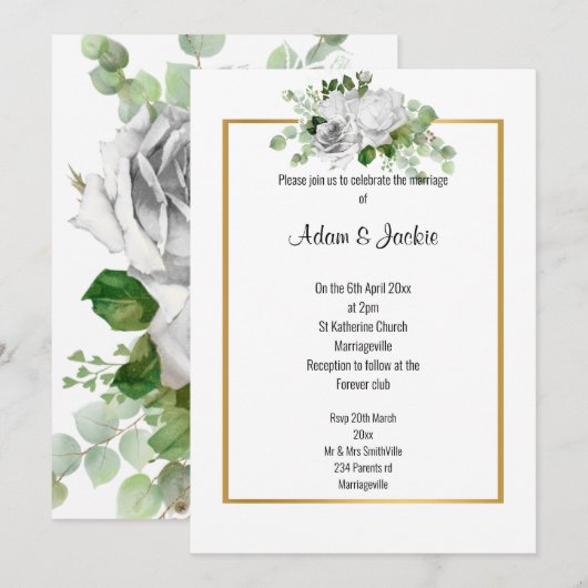 Elegant White Rose GOLD TRIM WEDDING Kaart (Voorkant / Achterkant)