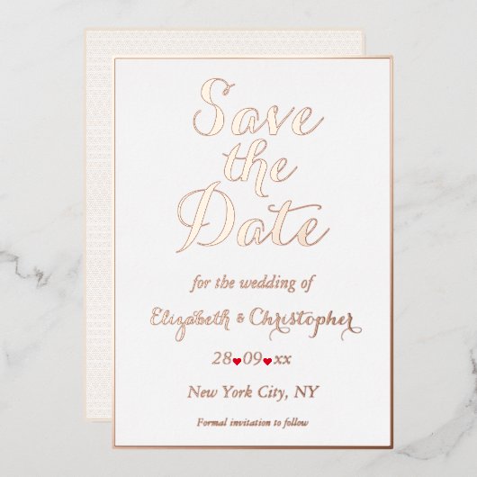 Elegant White Rose Gold Wedding Save the Date Folie Uitnodiging (Voorkant / Achterkant)