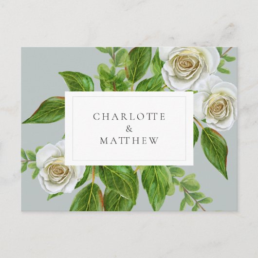 Elegant White Rose Greenery Sage Website Weddensch Briefkaart (Voorkant)