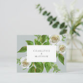 Elegant White Rose Greenery Sage Website Weddensch Briefkaart (Staand voorkant)