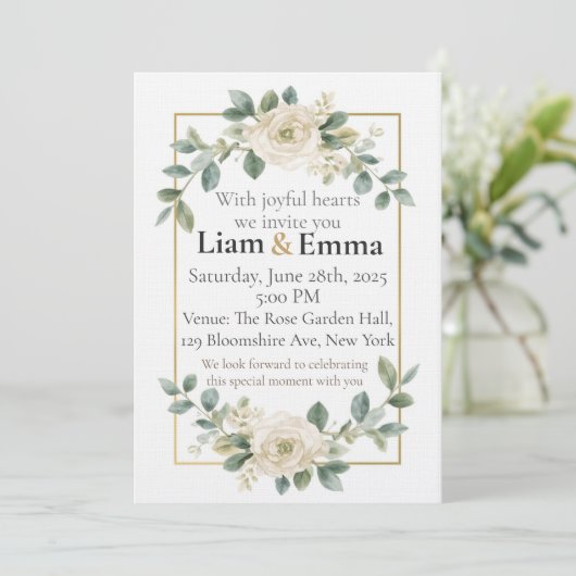 Elegant White Rose Greenery Wedding Invitation Kaart (Staand voorkant)