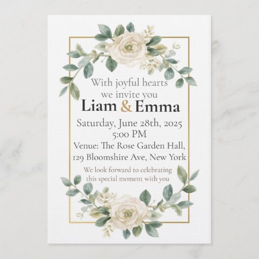 Elegant White Rose Greenery Wedding Invitation Kaart (Voorkant)