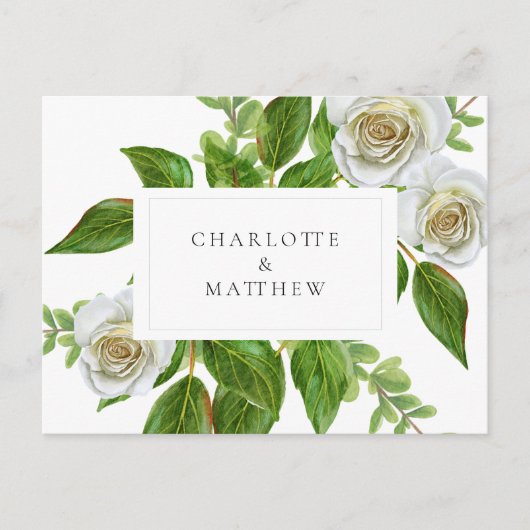 Elegant White Rose Greenery White Wedding Briefkaart (Voorkant)