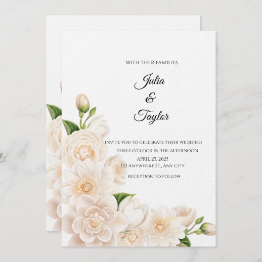 Elegant White Rose Invitation Kaart (Voorkant / Achterkant)