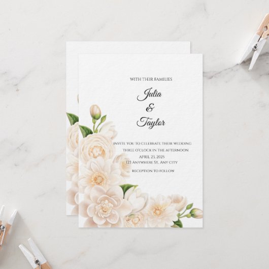 Elegant White Rose Invitation Kaart (Voorkant / Achterkant in situ)